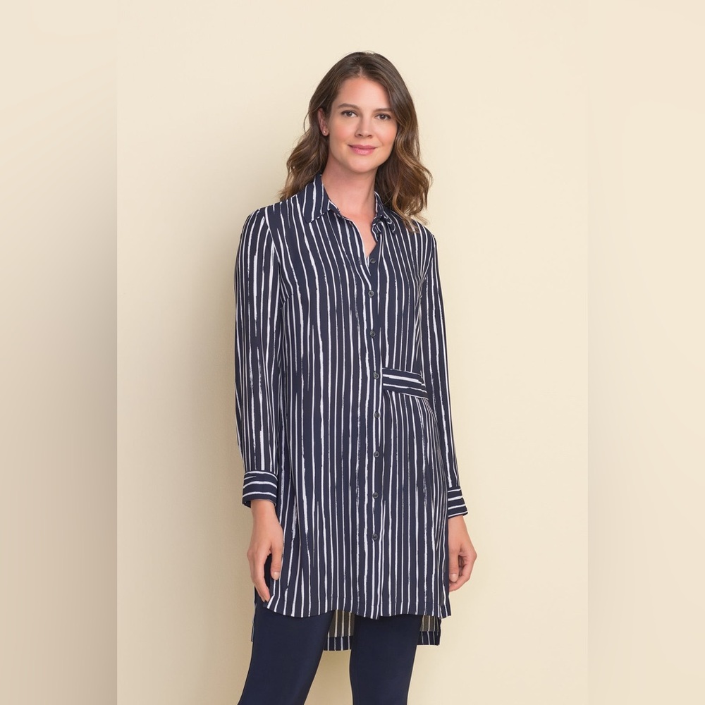 Joseph Ribkoff Midnight Blue White Striped Tunic Style Blouse Size 4 Side Slits